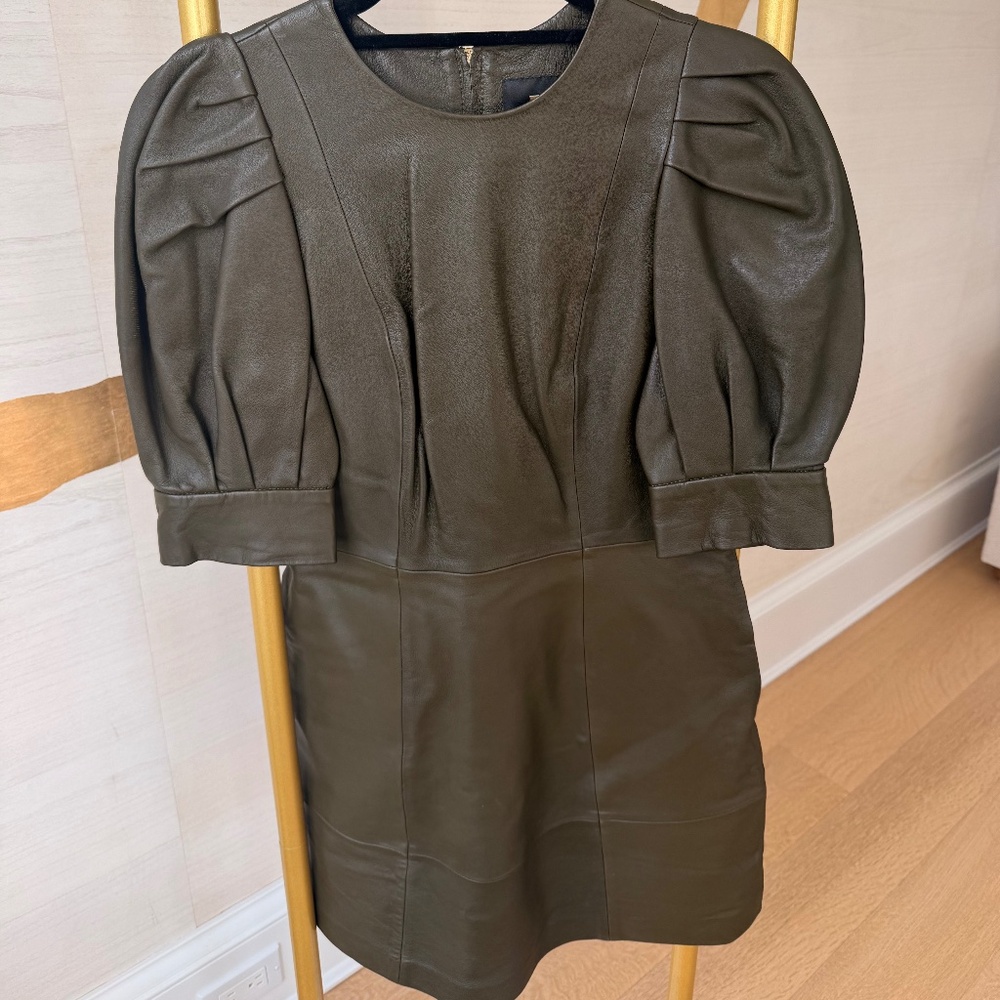 Ted Baker Olive Green Leather Puff Sleeve mini Dress size 1